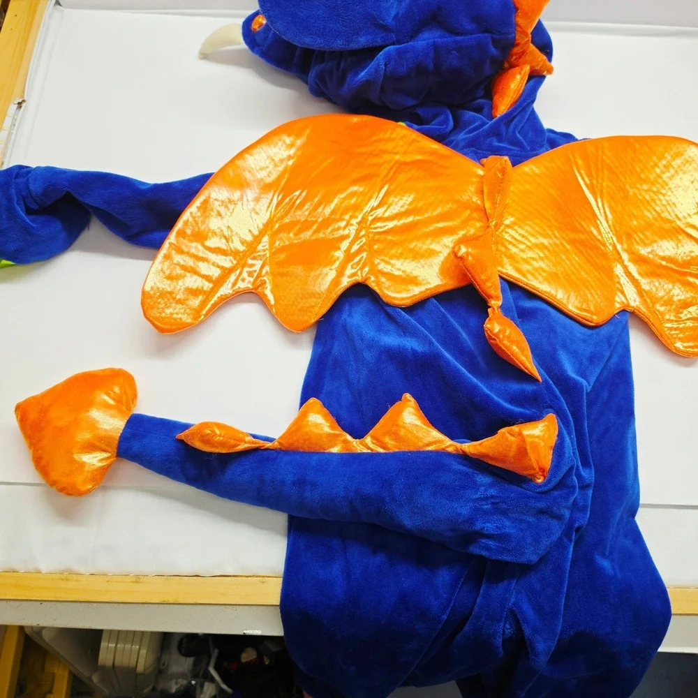 Spooked Dragon Costume Kids 4T Blue Orange Wings Plush Jumpsuit READ FLAW